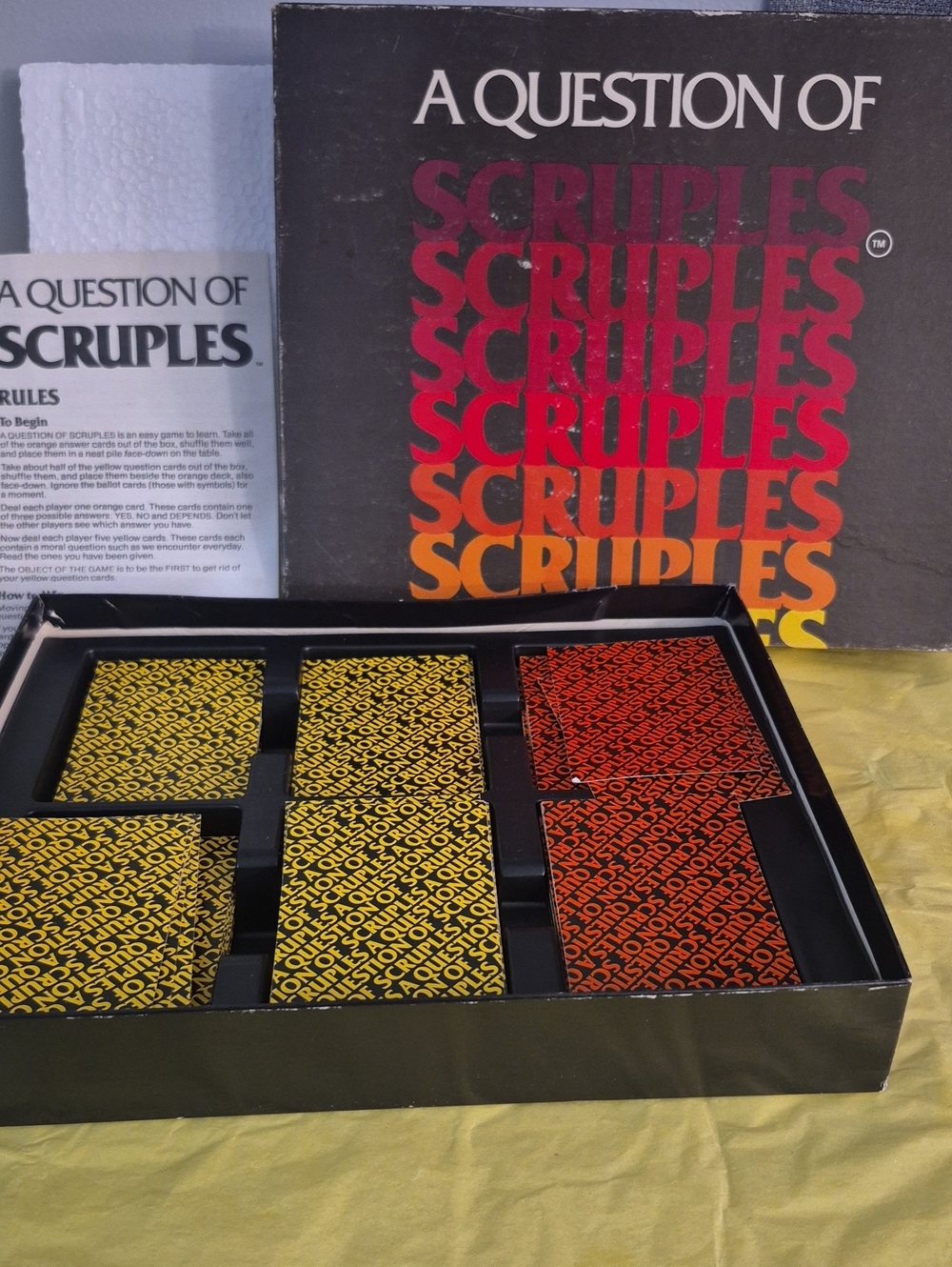 A Question of Scruples Vintage Board Game Box with Yellow & Orange Cards